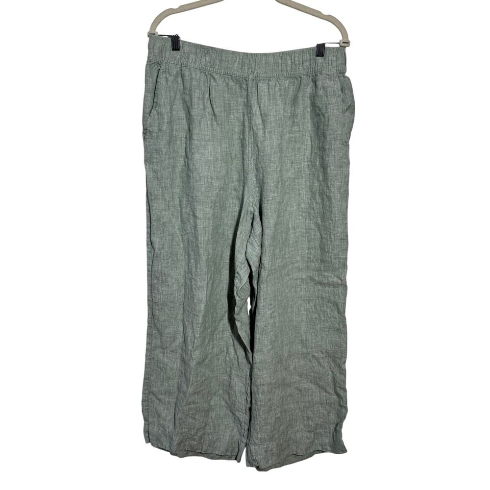 Essentials 100% Linen Cropped Pull On Pant Women L Green Coastal Lagenlook Beach